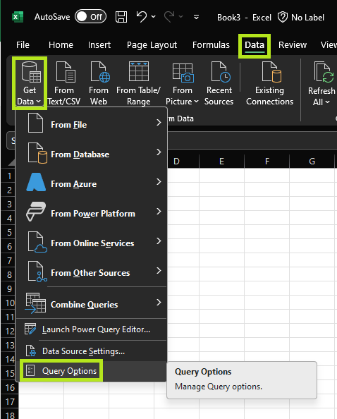 Excel Query Options